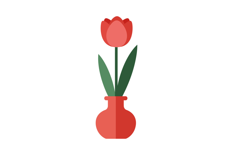 Red tulip flower with green leaves in simple flat style red
