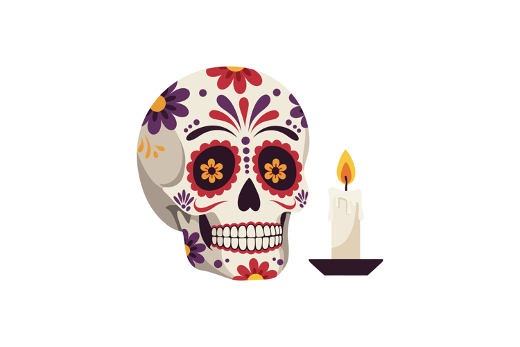 Decorative sugar skull with colorful floral patterns and lit