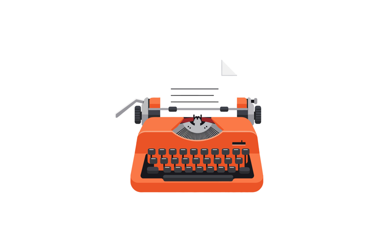 Vintage orange typewriter with paper sheet flat design offic