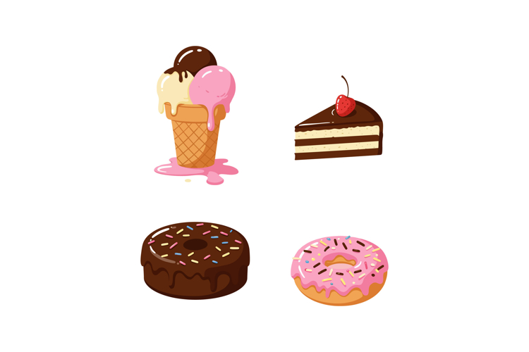 Assorted sweet dessert treats including ice cream cone and d