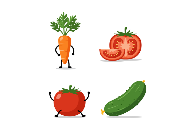 Playful cartoon carrot tomato cucumber vegetables with flat