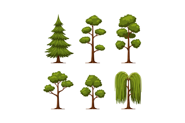 Six different stylized green trees with detailed foliage and