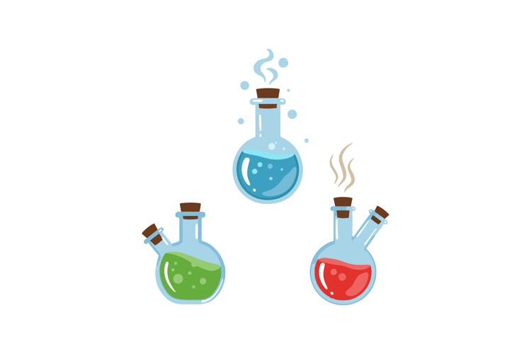 Colorful chemical flasks with steaming liquids in flat style