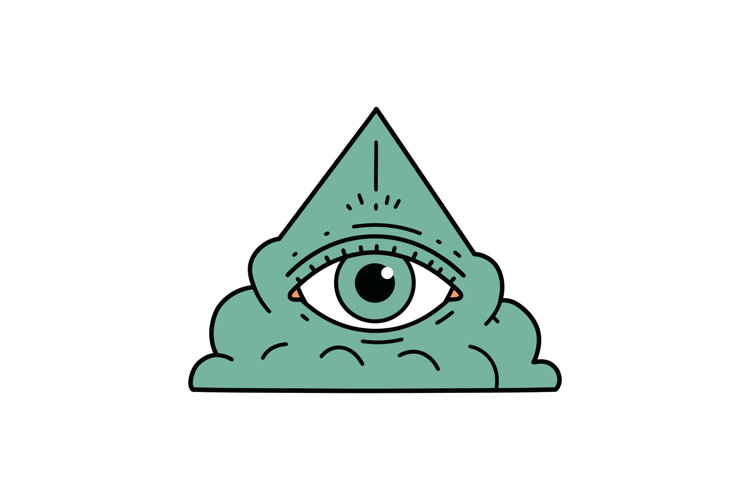 Single green eye inside triangular pyramid with cloud base f