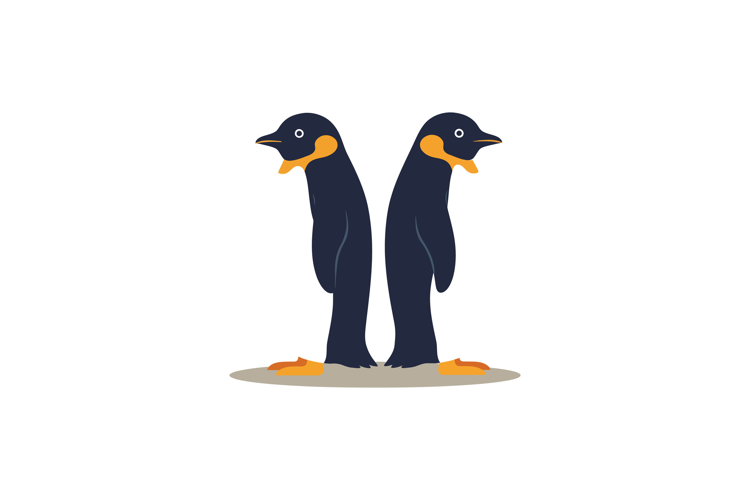 Two black and orange penguins standing back to back in flat