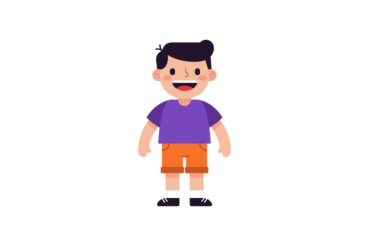 Happy young boy standing smiling with purple shirt orange sh example image 1