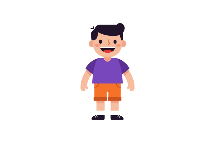 Happy young boy standing smiling with purple shirt orange sh