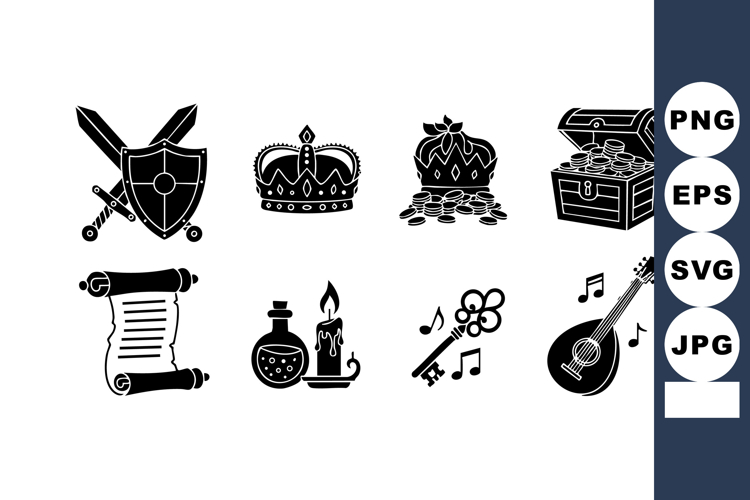 Medieval fantasy icons sword shield crown treasure chest mus