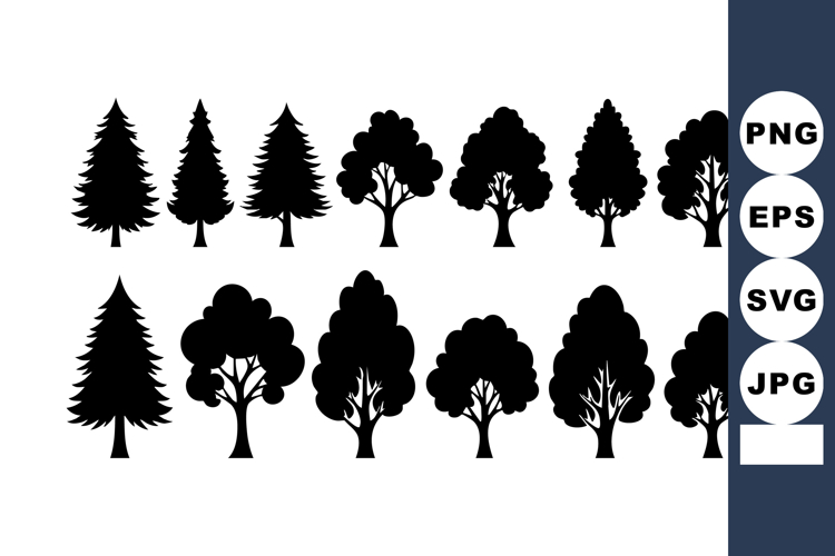 Silhouettes of Various Tree Shapes and Types in Black Vector
