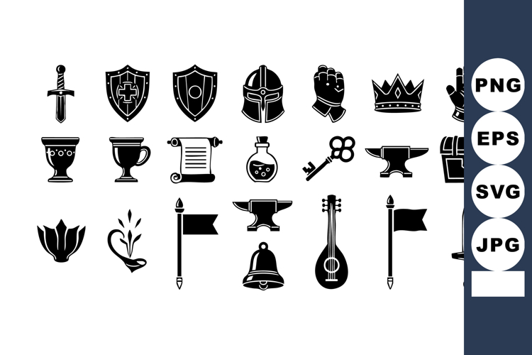 Medieval weaponry and armor vector icons including swords sh