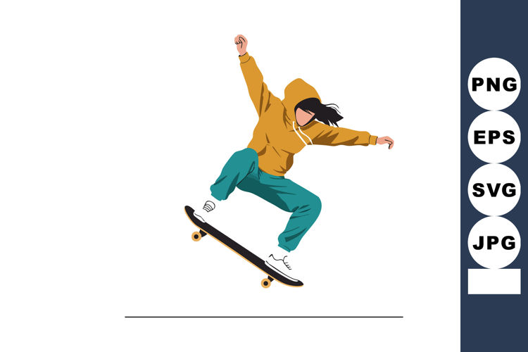 Skateboarder performing trick in mustard hoodie and teal pan