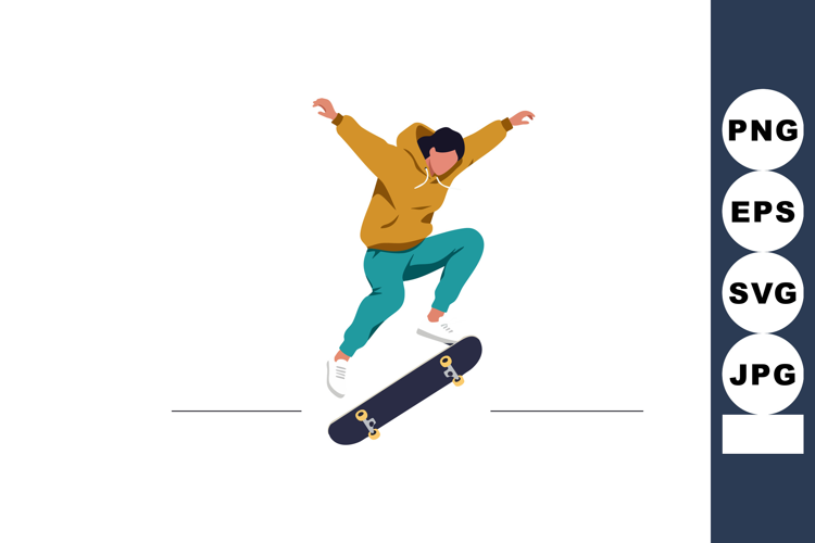 Skateboarder performing jump trick in brown hoodie and teal