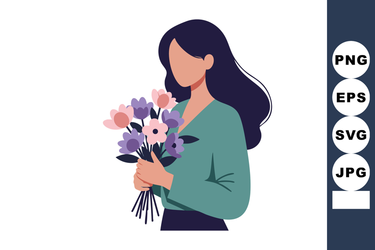 Woman holding bouquet of purple and pink flowers in green bl