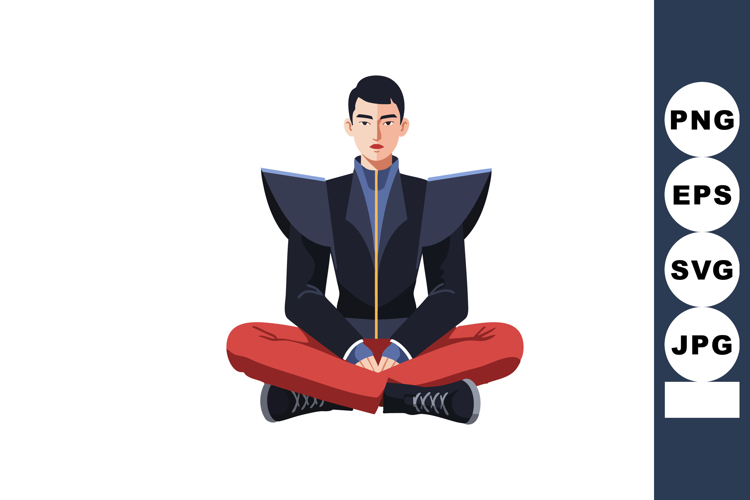 Young man in futuristic dark jacket sitting cross-legged wit