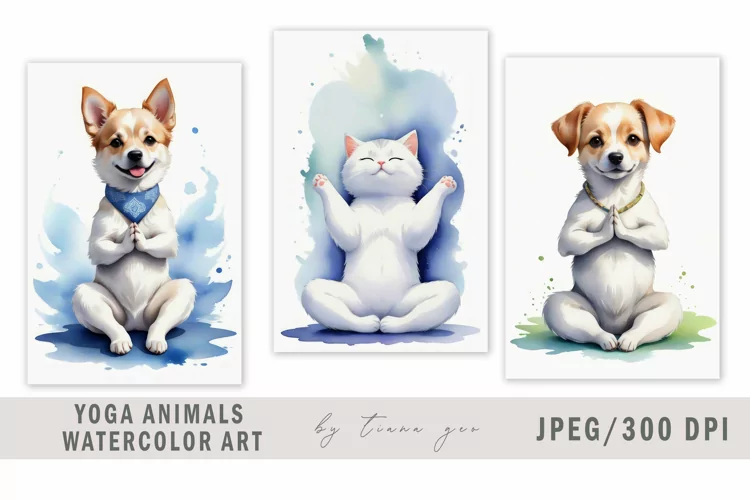 Watercolor yoga cat and dog illustrations- 3 jpeg