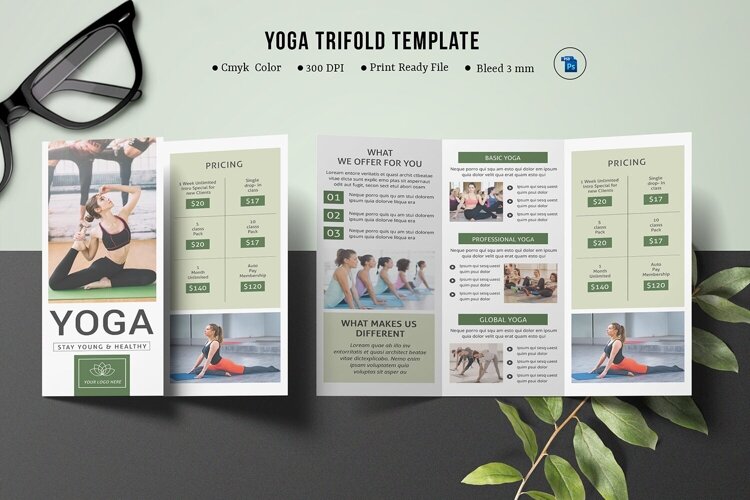Modern yoga trifold brochure template for yoga studios, fitness centers, wellness programs, and instructors. Perfect for classes, services, pricing, and promotions.