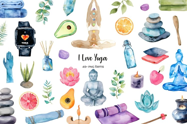 Watercolor yoga items clipart. Colorful yoga equipment