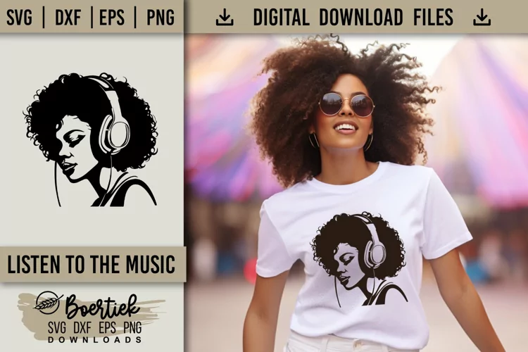 Young woman listens to music, SVG file
