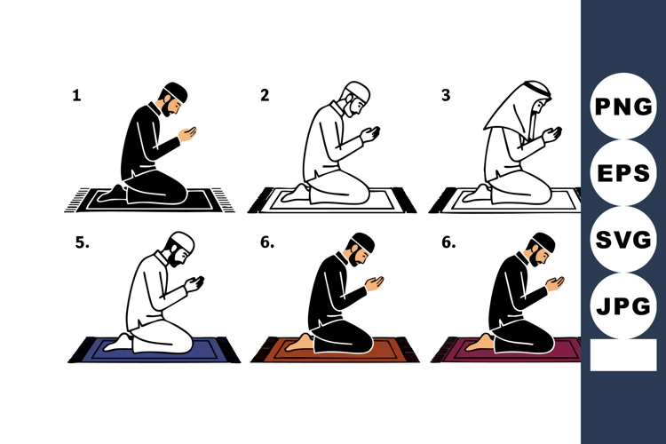 Muslim men praying in various postures on different prayer m