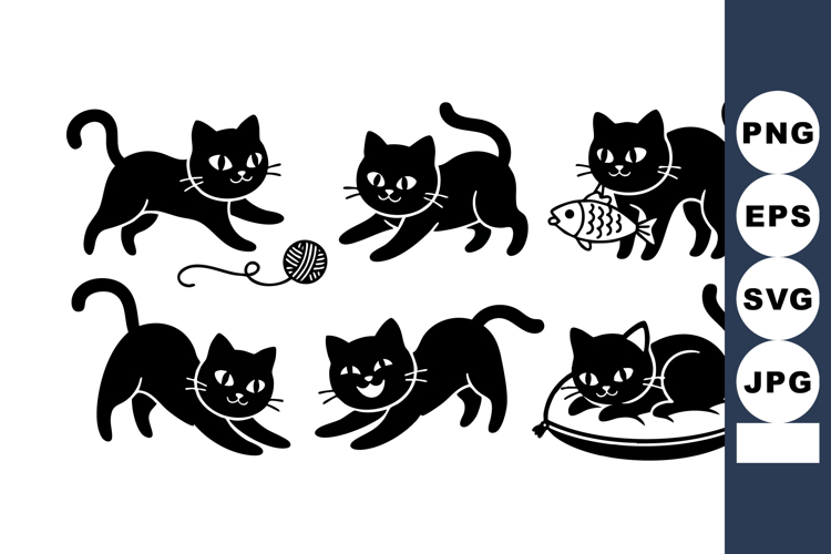 Black cats playing with yarn fish and resting on pillow vect