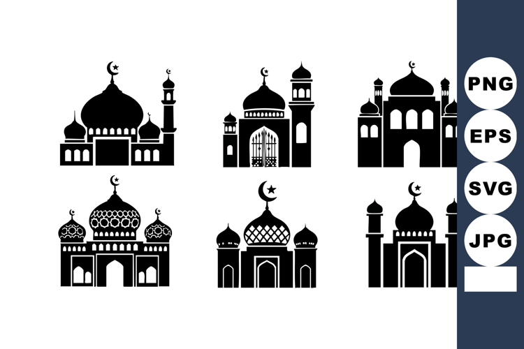 Islamic mosque silhouette icons with crescent moons and dom
