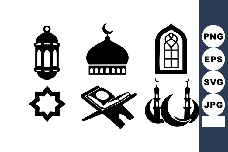 Islamic religious symbols with mosque, crescent moon, lante