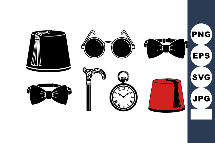 Vintage gentleman accessories including black and red fez ha