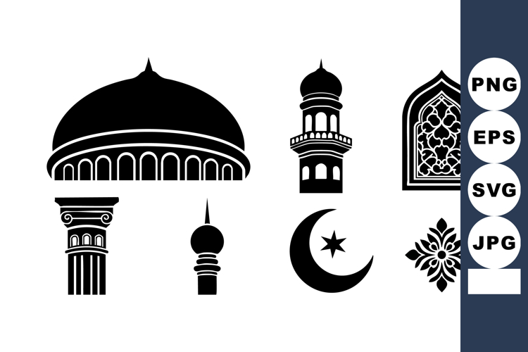 Islamic architecture vector icons with mosque dome crescent