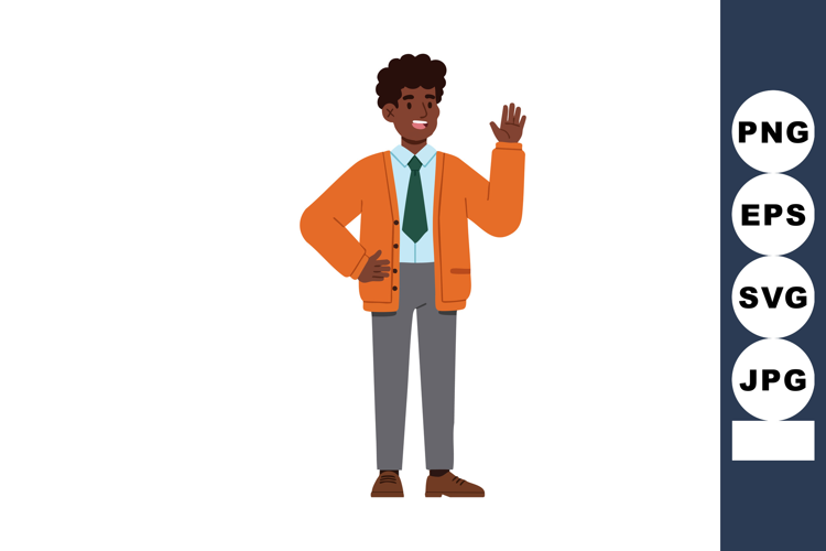 Young man waving hand wearing orange cardigan and green tie