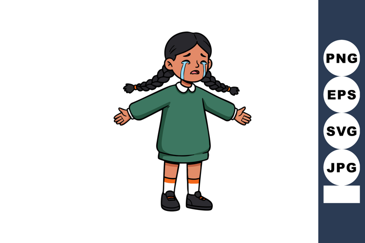 Crying girl with braided hair in green sweater illustration
