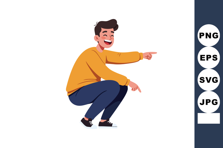 Young man pointing fingers while crouching in casual outfit