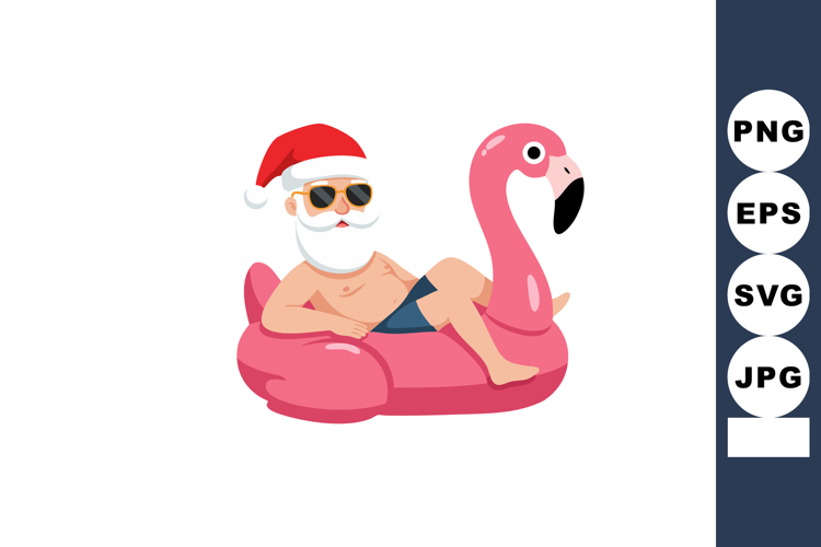 Santa Claus relaxing on pink flamingo pool float wearing red