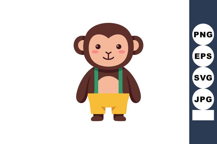 Cute cartoon monkey character wearing yellow shorts and gree