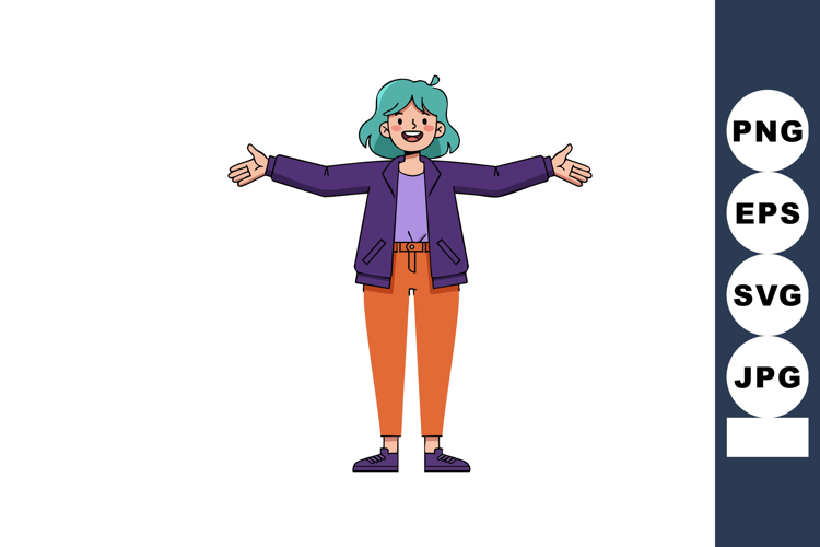 Happy woman with teal hair purple jacket and orange pants ve