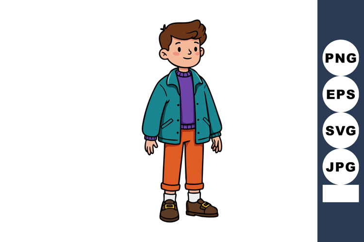 Boy wearing teal jacket purple sweater and orange pants stan