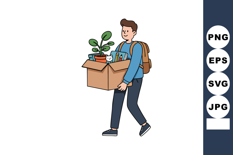 Young man carrying moving box with plant and books illustrat