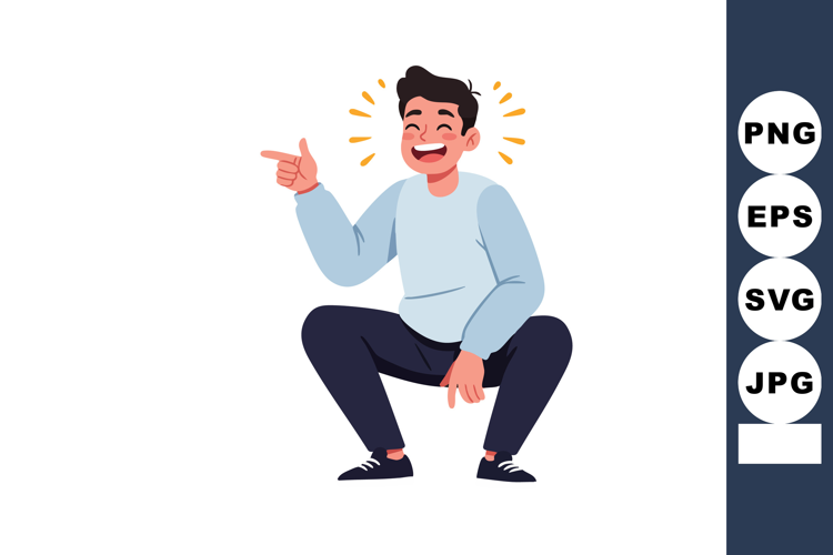 Happy young man crouching and pointing finger cheerful expre