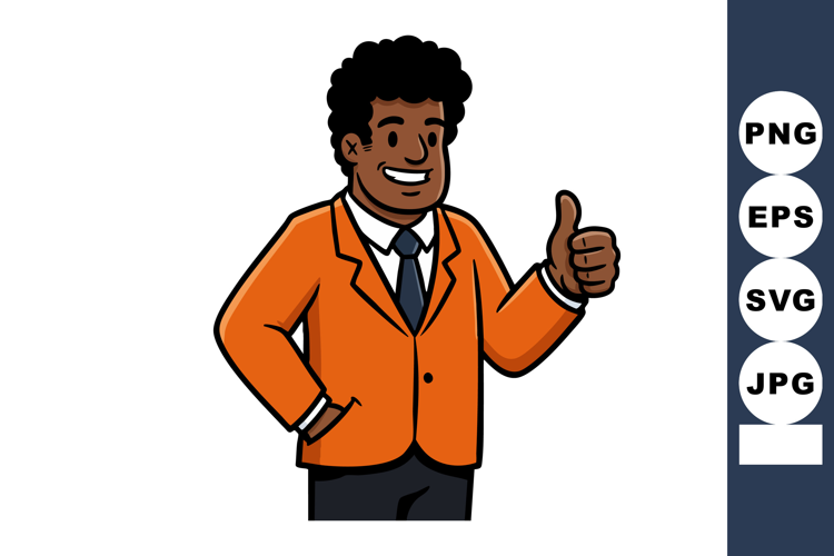 Confident African American man in orange blazer giving thumb