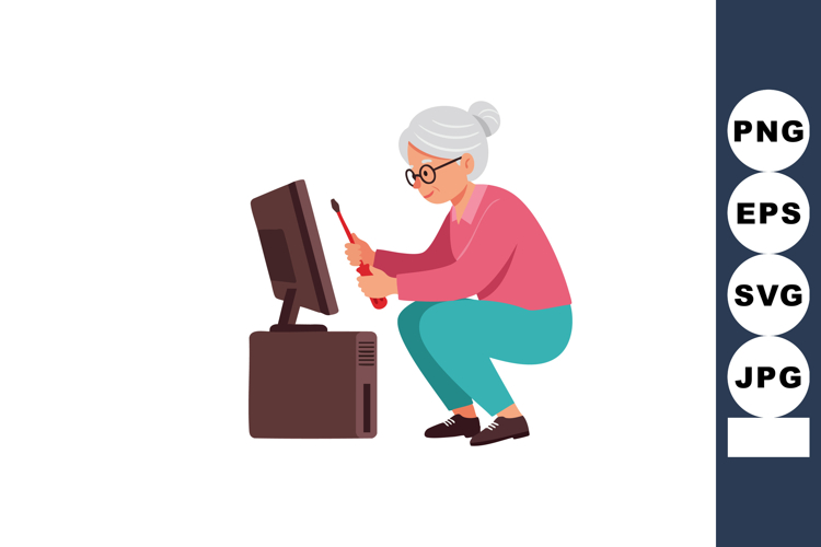 Senior woman fixing computer with screwdriver home technolog