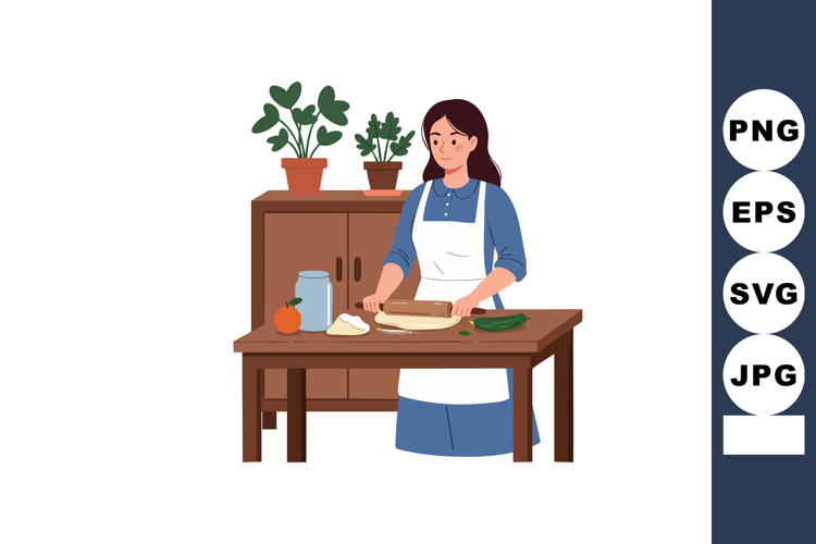 Woman preparing dough for cooking in kitchen with plants and