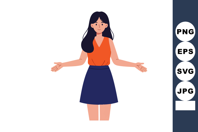 Woman with dark hair wearing orange top and blue skirt stand