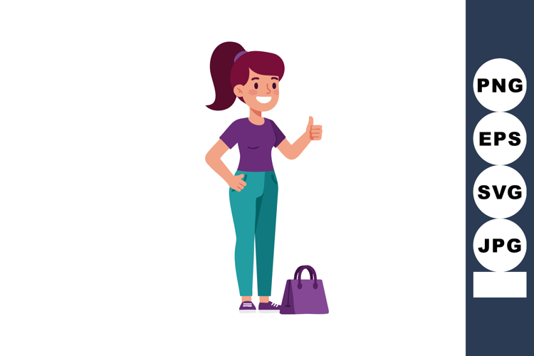 Young woman giving thumbs up with purple shirt teal pants an