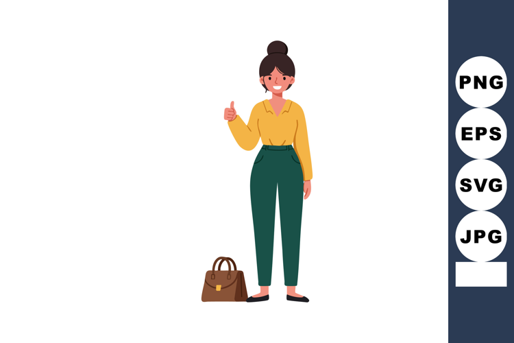 Woman giving thumbs up with brown bag wearing yellow shirt a