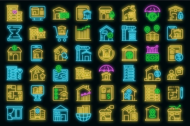 Property investments icons set vector neon