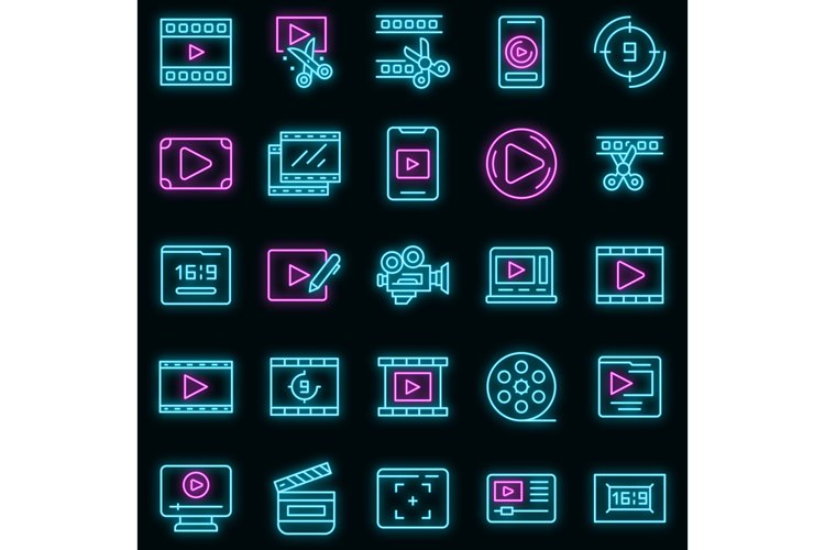 Clip montage icons set vector neon