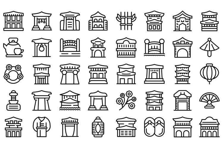 Kyoto icons set outline vector. Architecture real example image 1