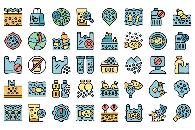 Microplastics pollution icons set vector flat