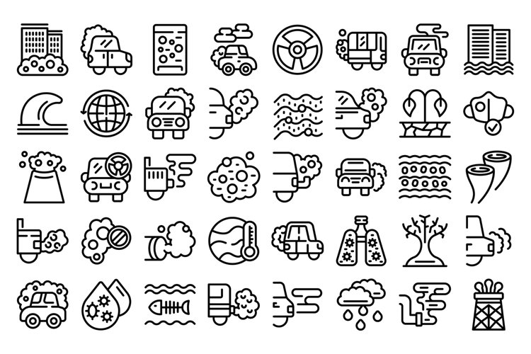 Traffic fumes icons set outline vector. Climate gas