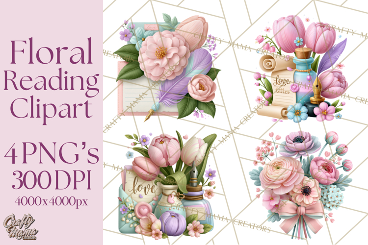 Bookish Blooms Floral Reading & Stationery PNG Clipart