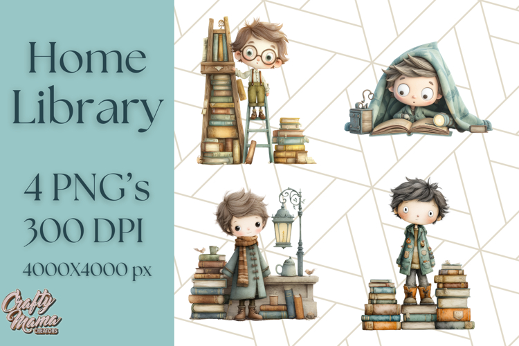 Whimsical Library Clipart with Cozy Readers and Books